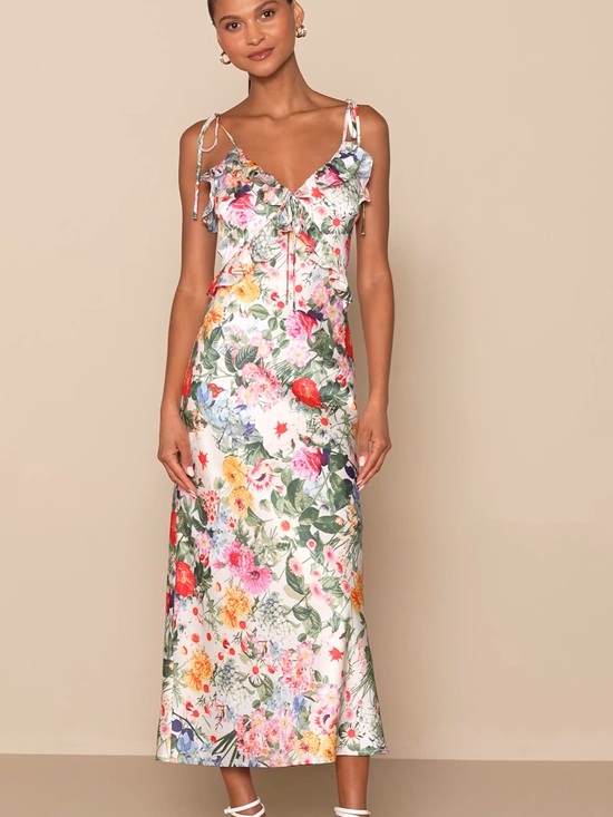 Lulus Dresses & Skirts - Lulus Clelia Ivory Multi Floral Satin Ruffled Tie-strap Midi Dress White
